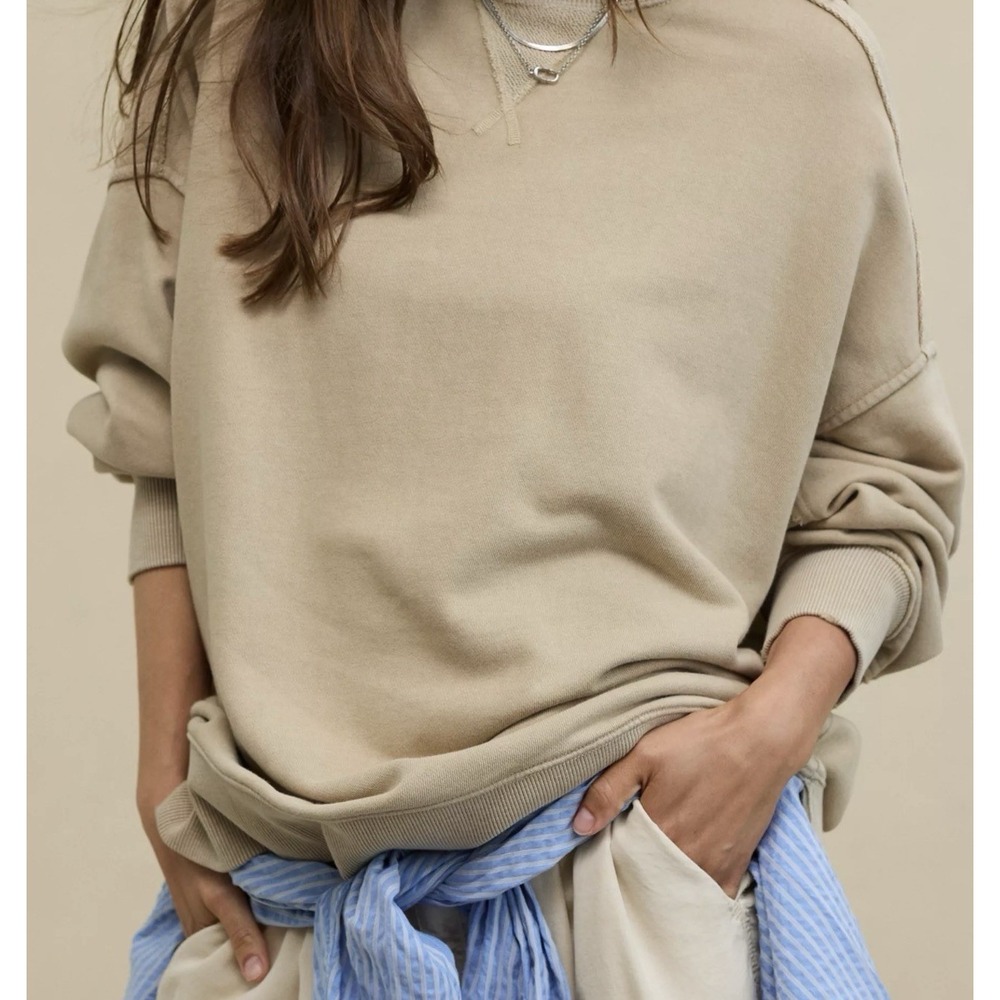 Aerie Big Chill Crew Sweatshirt Women's Large Tan Khaki Fleece Oversized Comfy